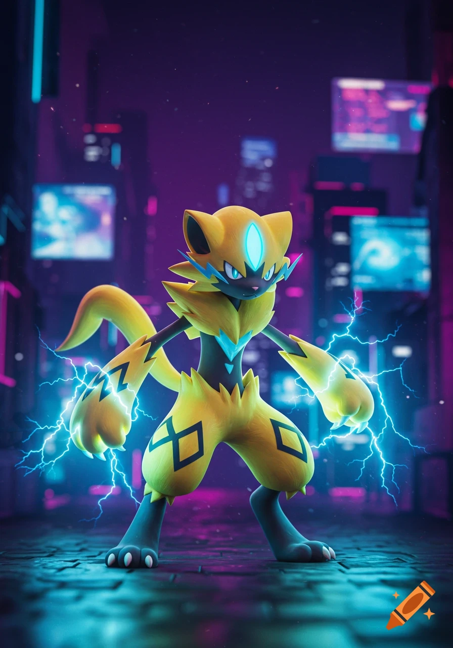 A dynamic illustration of the yellow and black electric Pokemon Zeraora, generating blue lightning, against a neon-lit cyberpunk cityscape.