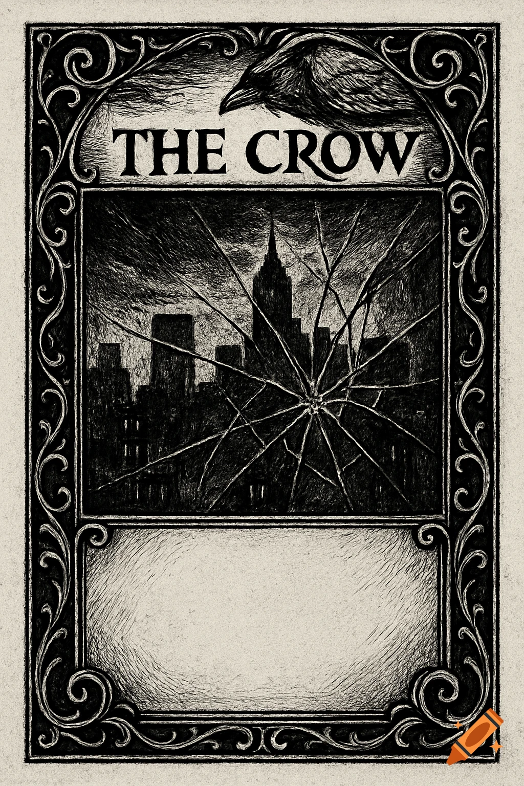 Black and white illustration of a card with 'THE CROW' text, a crow, and a cracked window over a dark cityscape.