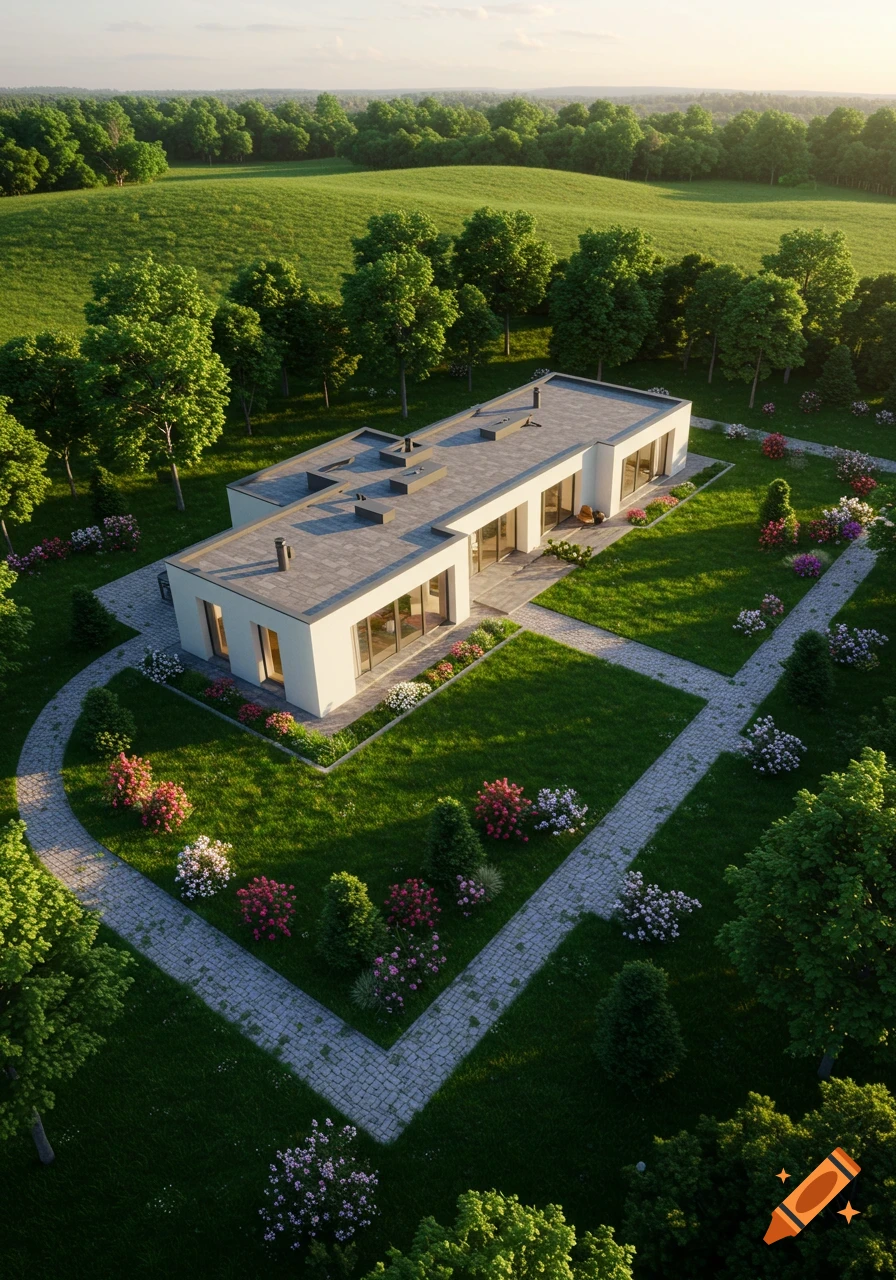 Aerial view of a modern white house with a flat roof, surrounded by green lawns, trees, and flowering shrubs, in a lush rural landscape.