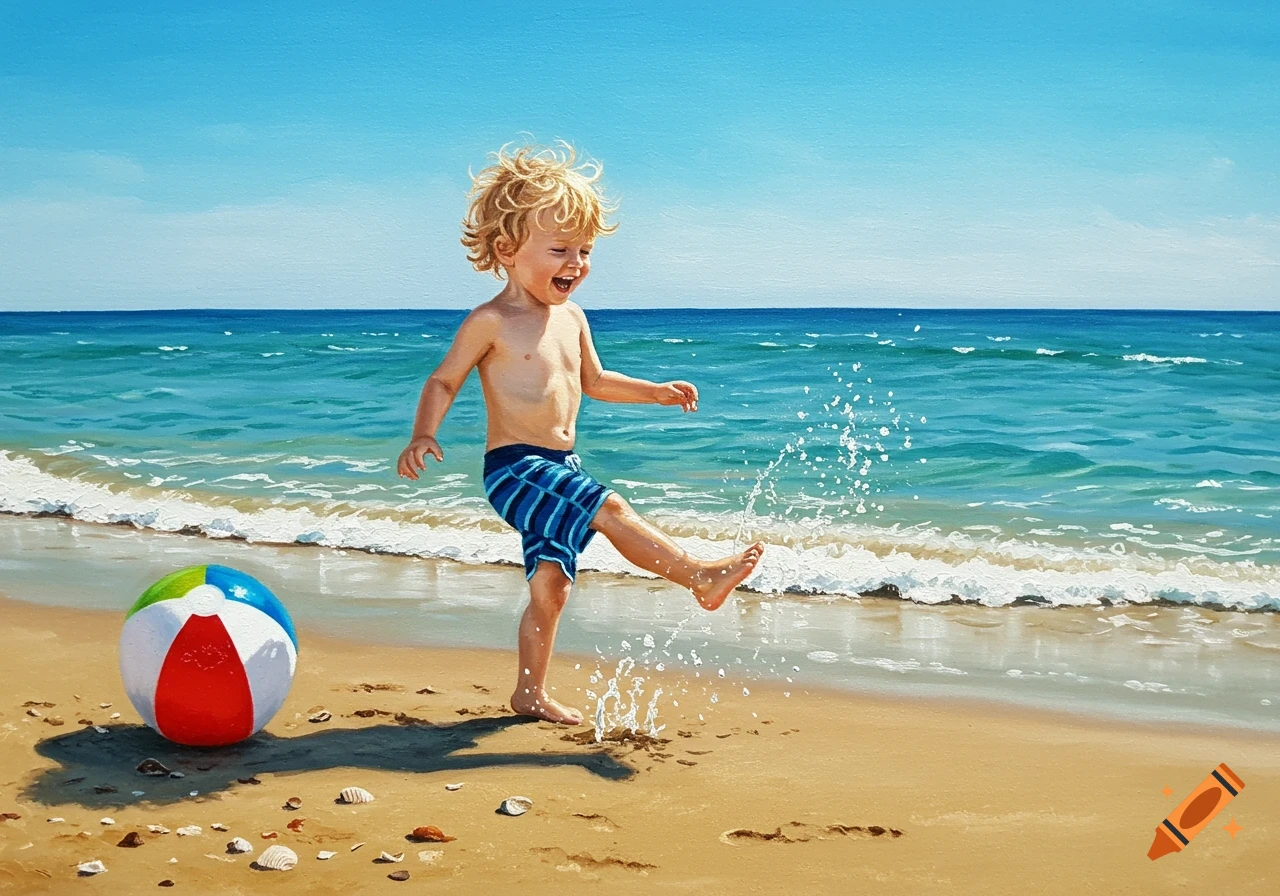A happy young boy with blonde hair splashes water on a sunny beach next to a colorful beach ball, in a painterly style.