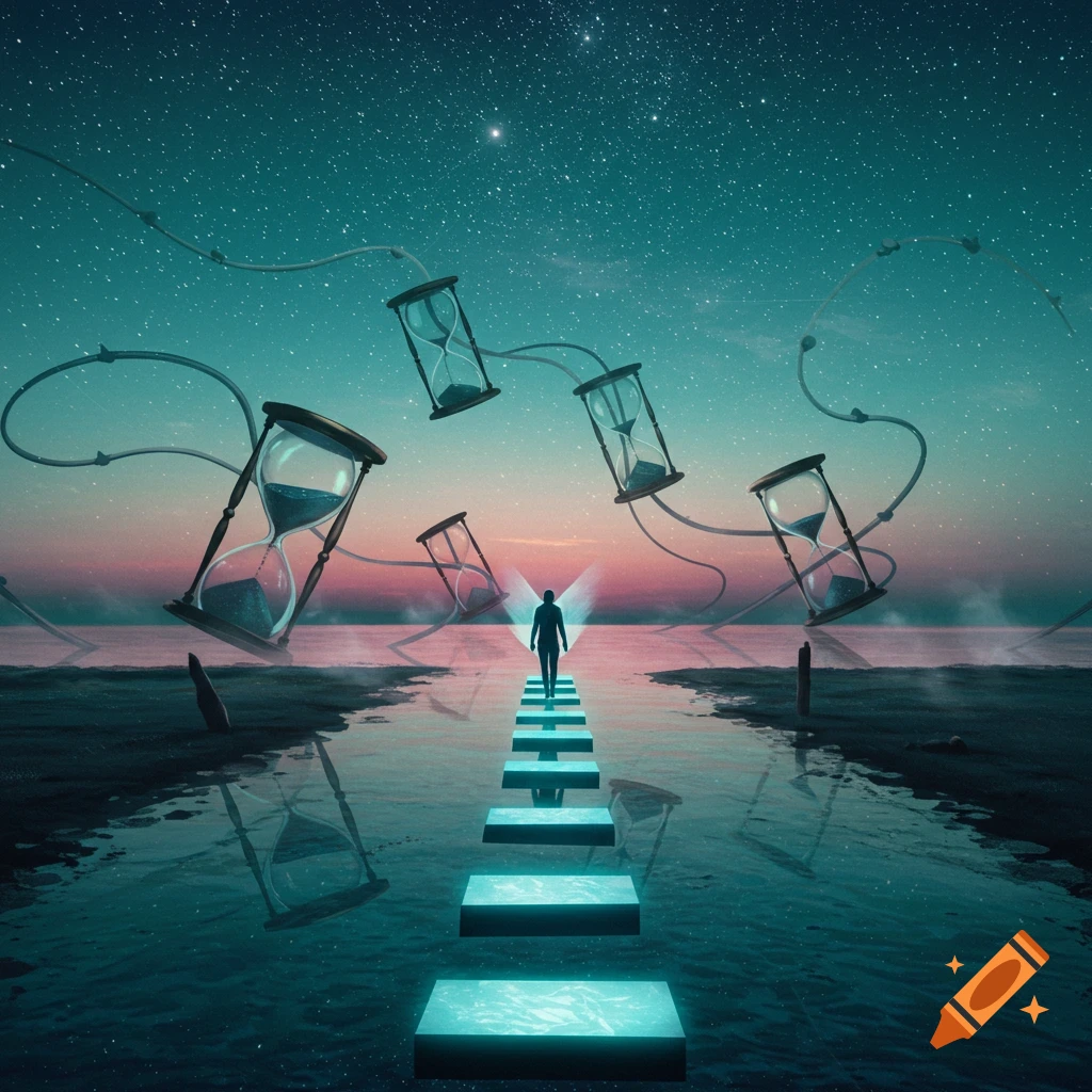 A surreal landscape with a silhouetted figure walking on glowing steps over water, under a starry sky with floating hourglasses.