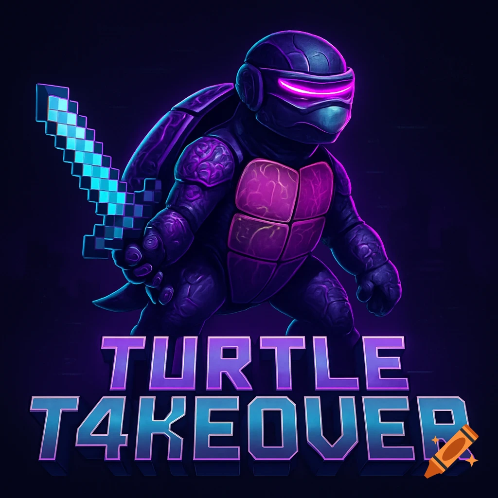 A stylized cyberpunk turtle in glowing purple armor and visor, holding a pixelated blue sword, with the text 'TURTLE T4KEOVER' below.