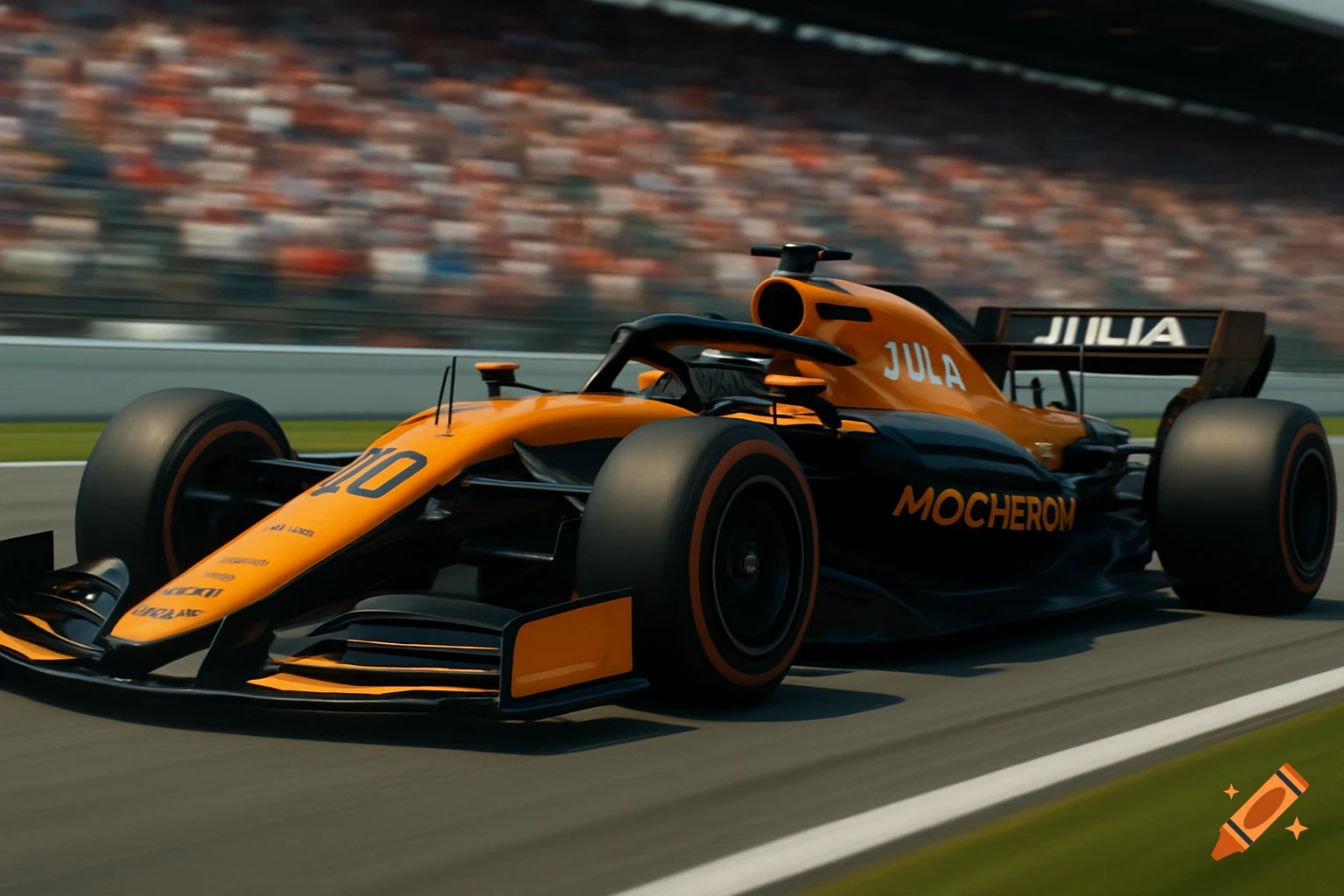A photorealistic orange and black Formula 1 car with MOCHERON branding and number 10 races on a track with motion blur and spectators.
