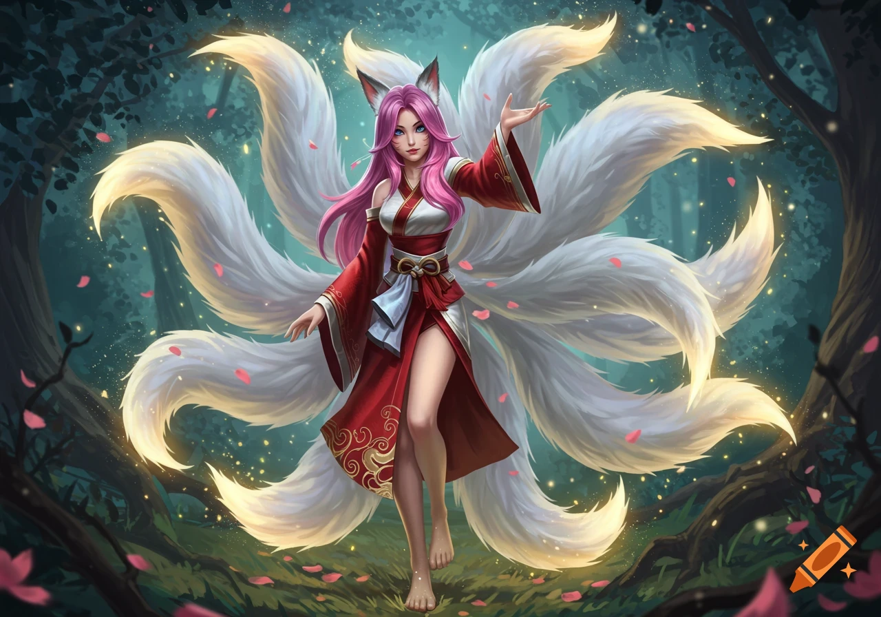 A pink-haired woman with fox ears and nine fluffy white tails stands in a magical forest, wearing a red and white kimono.