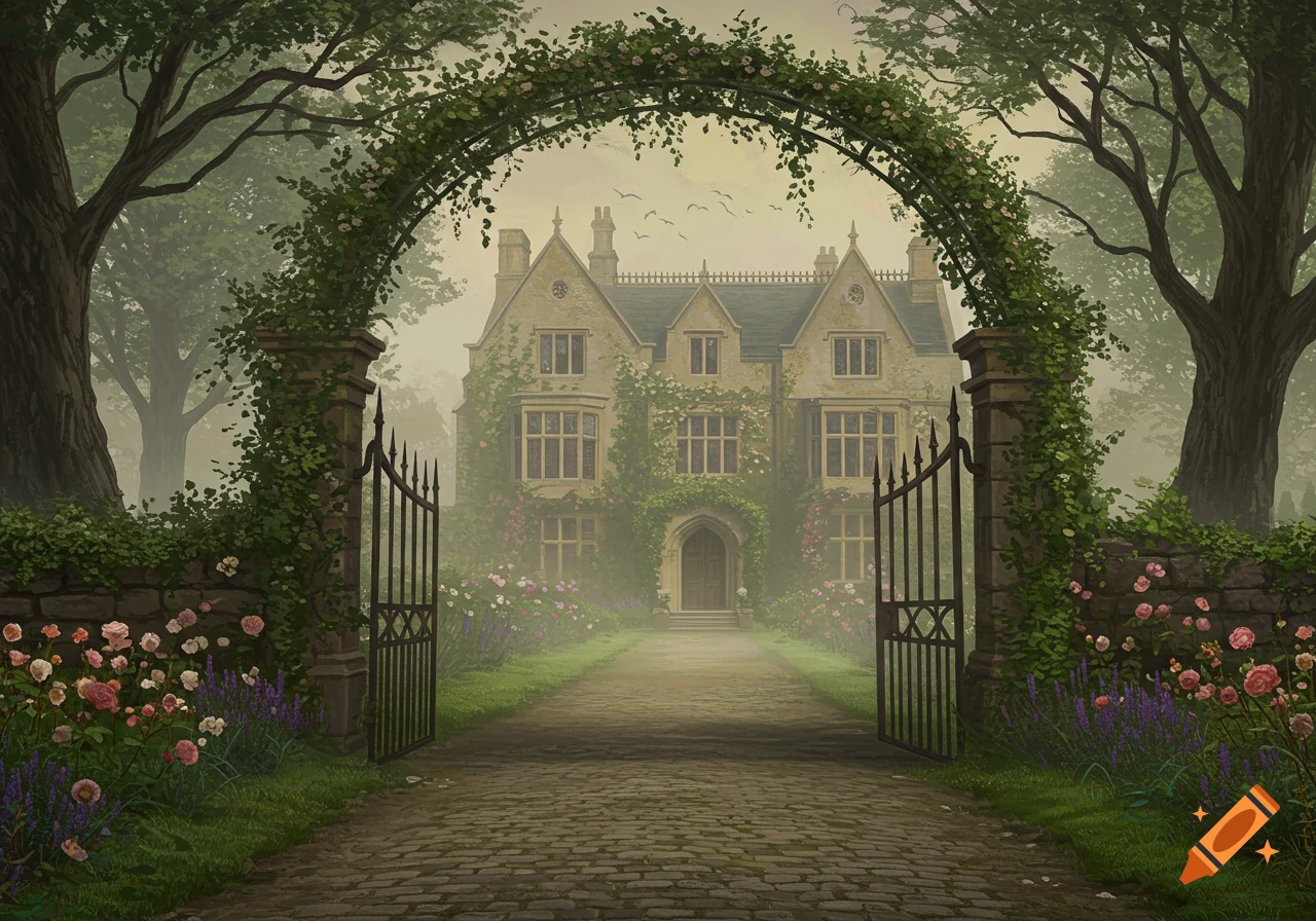 A grand old estate with an arched, ivy-covered gate, a cobbled path, and blooming gardens, shrouded in mist.