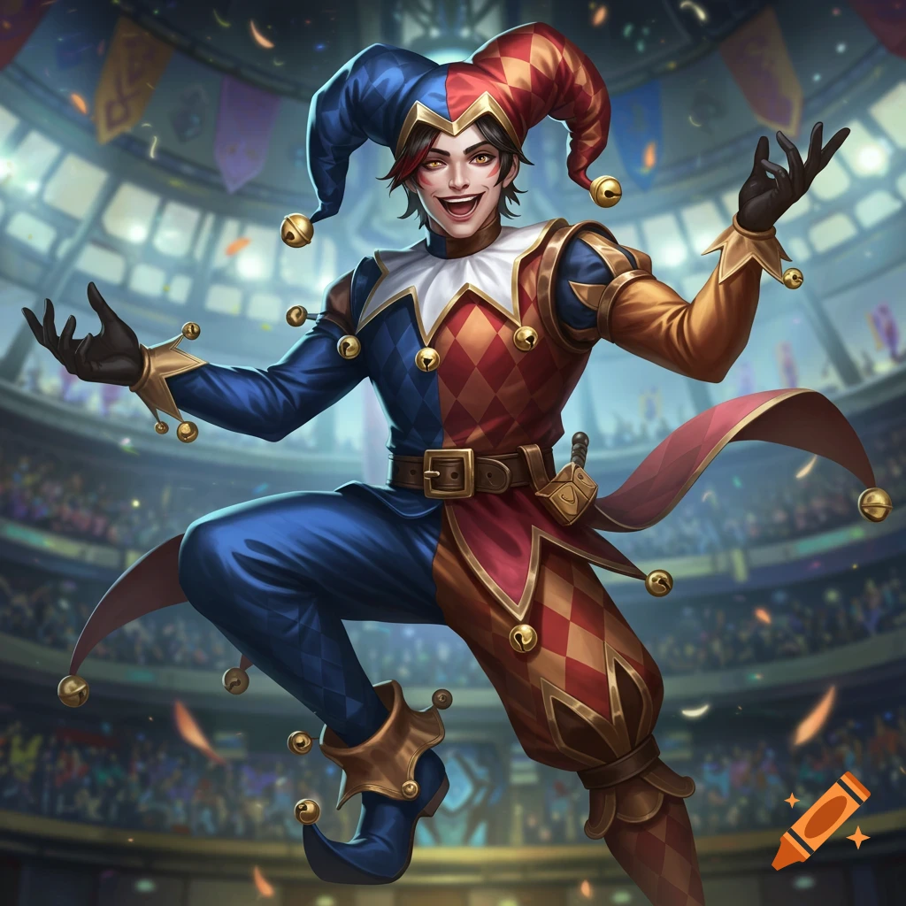 A vibrant digital art portrait of a smiling male jester in a blue and red harlequin costume with bells, posing in an arena.
