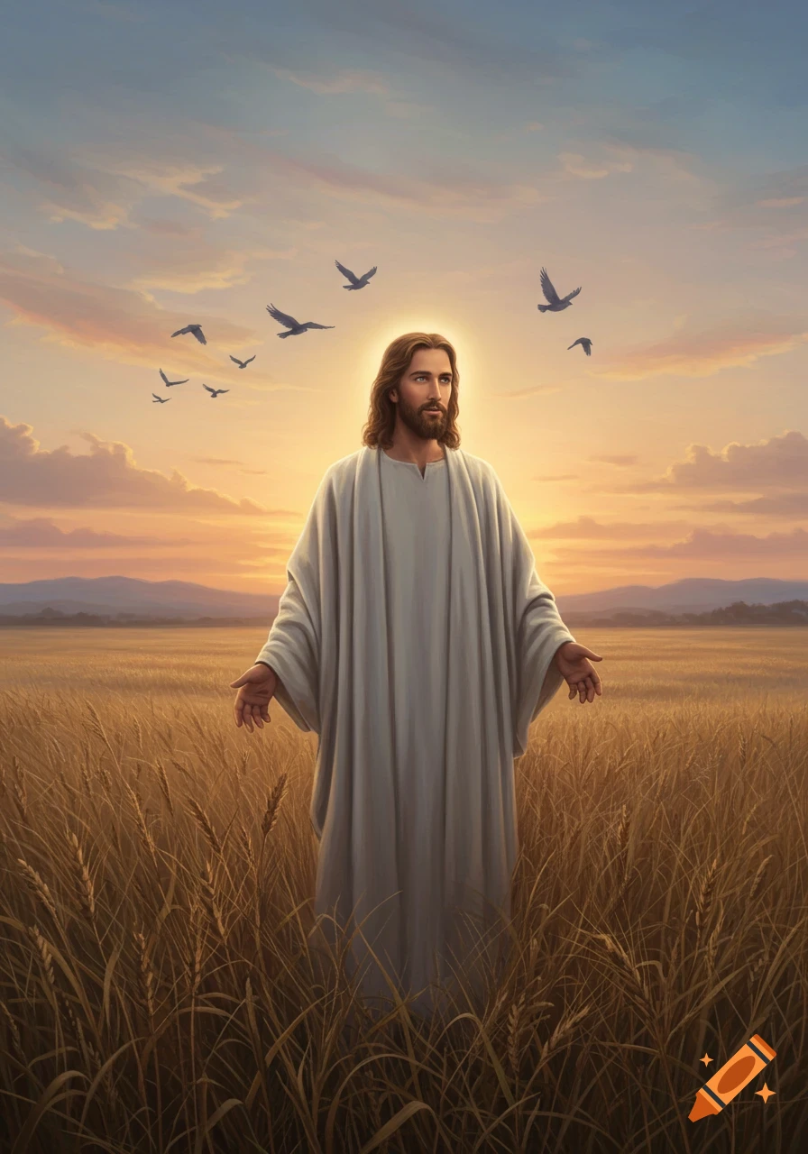 Jesus Christ in a white robe stands in a sunlit golden wheat field under a pastel sky with birds flying, hands open. Realistic painting.