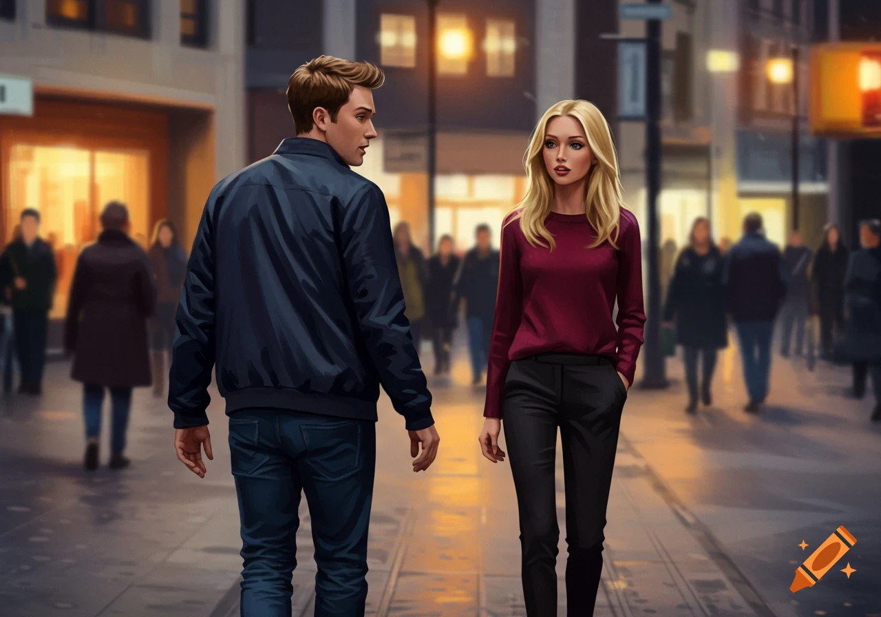 A man in a dark jacket looks over his shoulder at a blonde woman in a red top on a city street, digital art style.