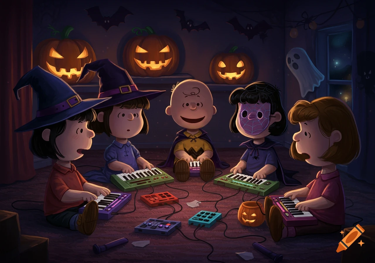 Cartoon Charlie Brown characters in Halloween costumes play synthesizers on a dark floor with jack-o'-lanterns and bats.
