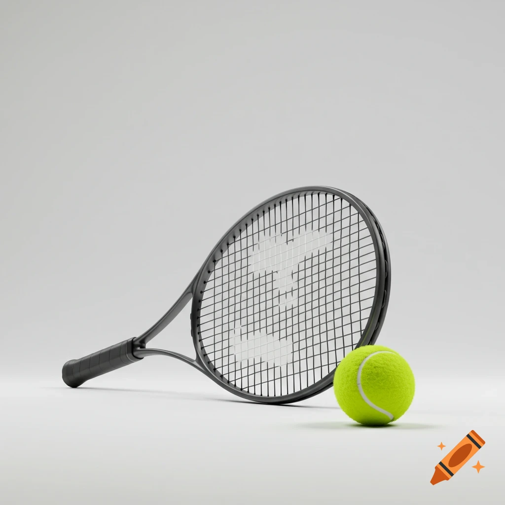 A black tennis racket with white strings lays next to a bright yellow tennis ball on a plain white background.