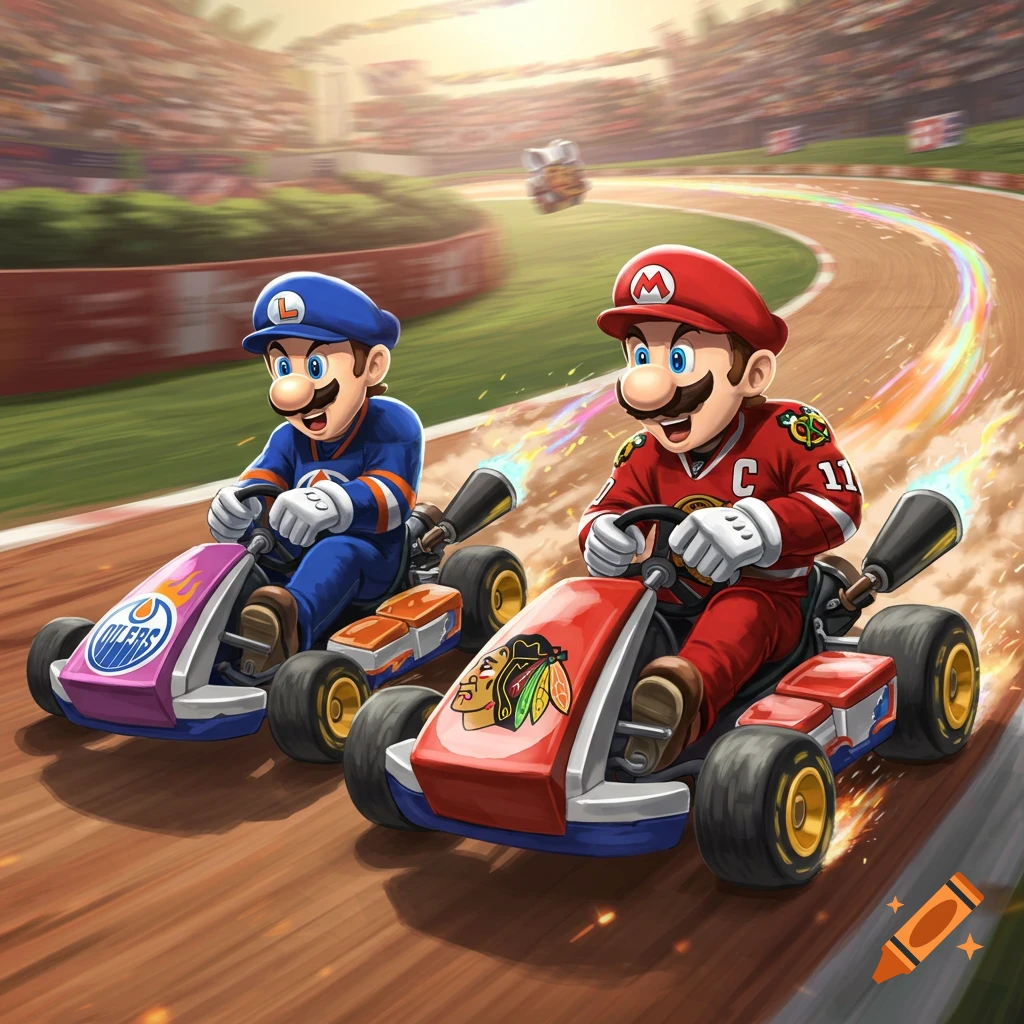 Mario and Luigi in go-karts, wearing NHL team jerseys, racing on a track. Luigi wears blue and orange, and Mario wears red and black.