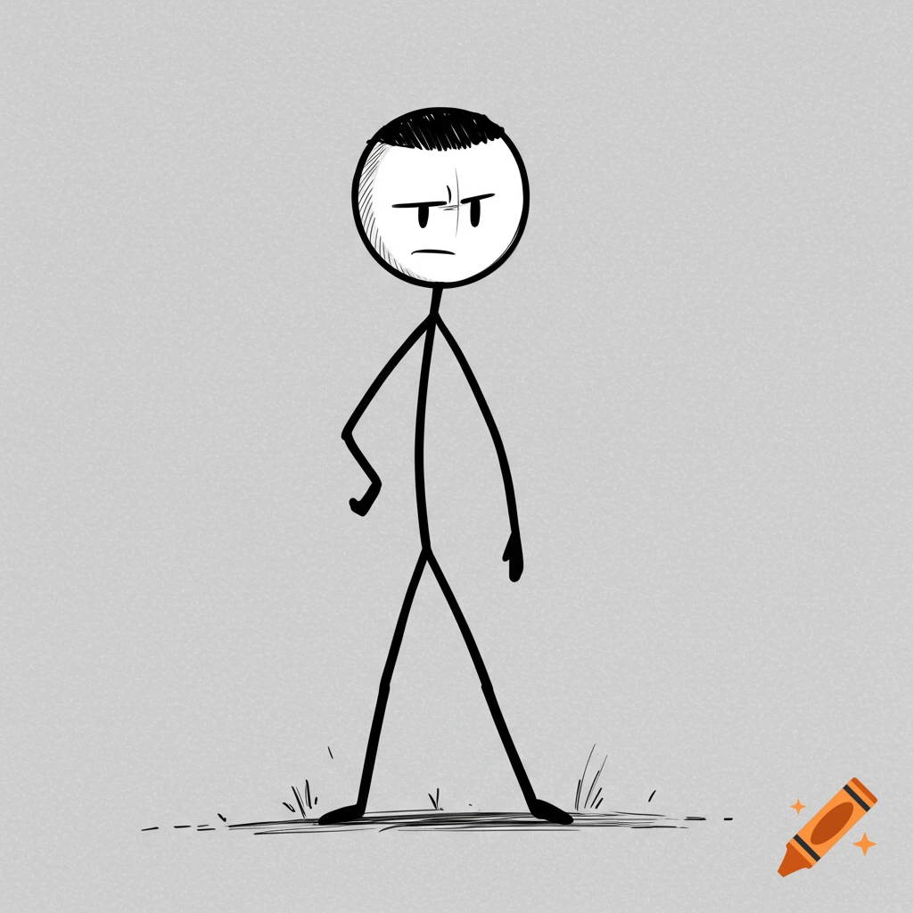 A black and white stick man drawing with a buzz cut, standing with a stern expression on a light gray background.