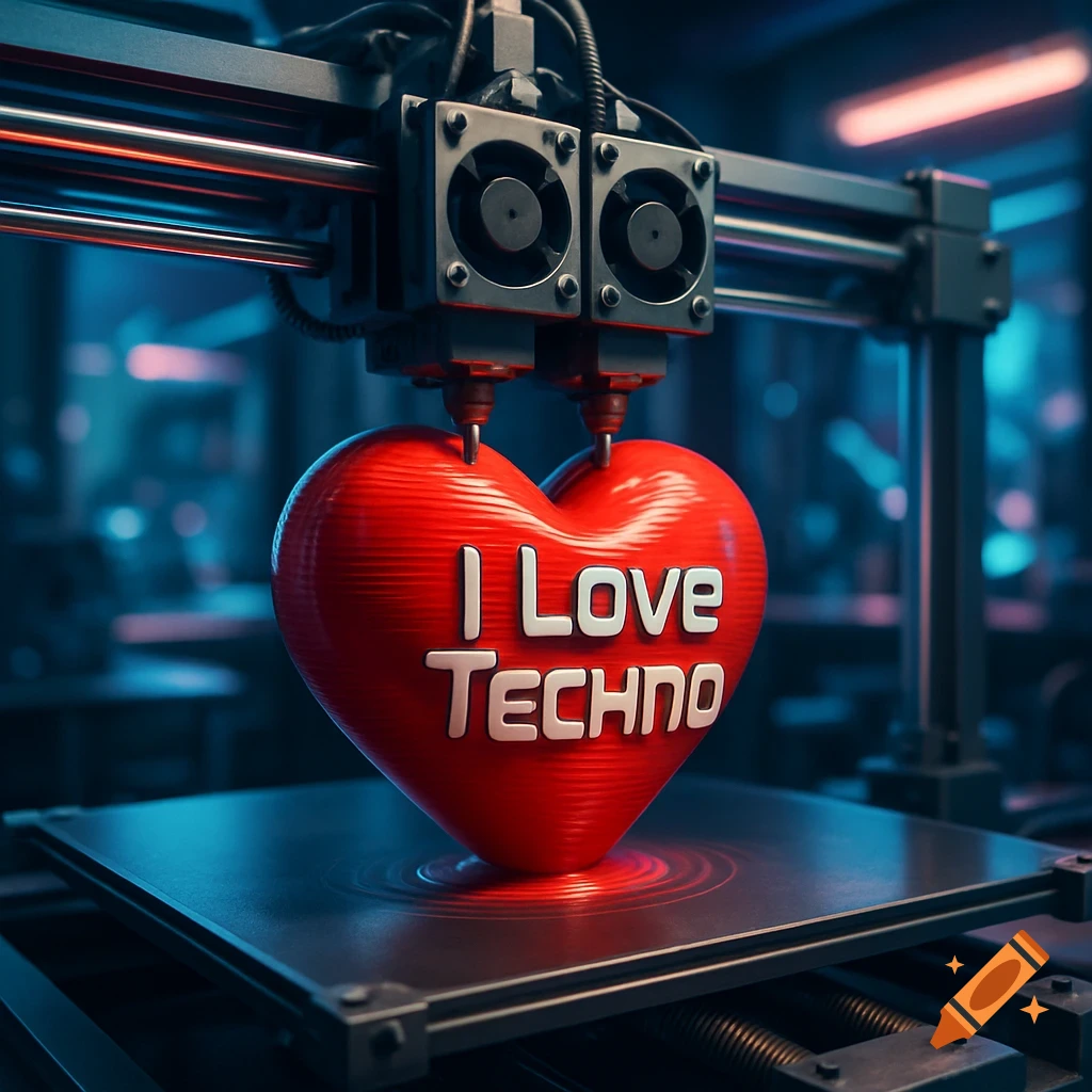 A 3D printer creates a red heart with 'I Love TECHNO' text, in a futuristic, photorealistic style.