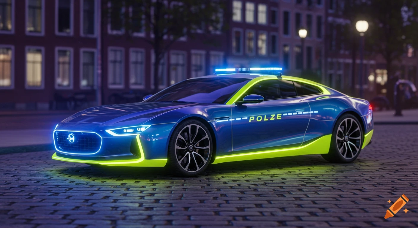 A sleek, futuristic blue and neon green police car with glowing lights is parked on a cobblestone street at night, with blurred buildings in the background.