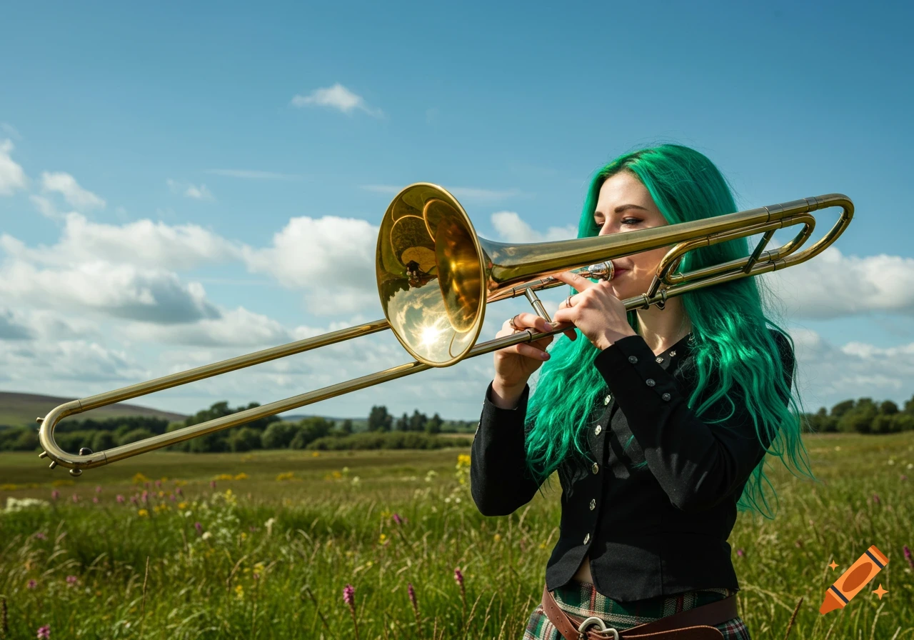 A young woman with long green hair plays a large brass trombone in a vibrant green field under a clear blue sky.