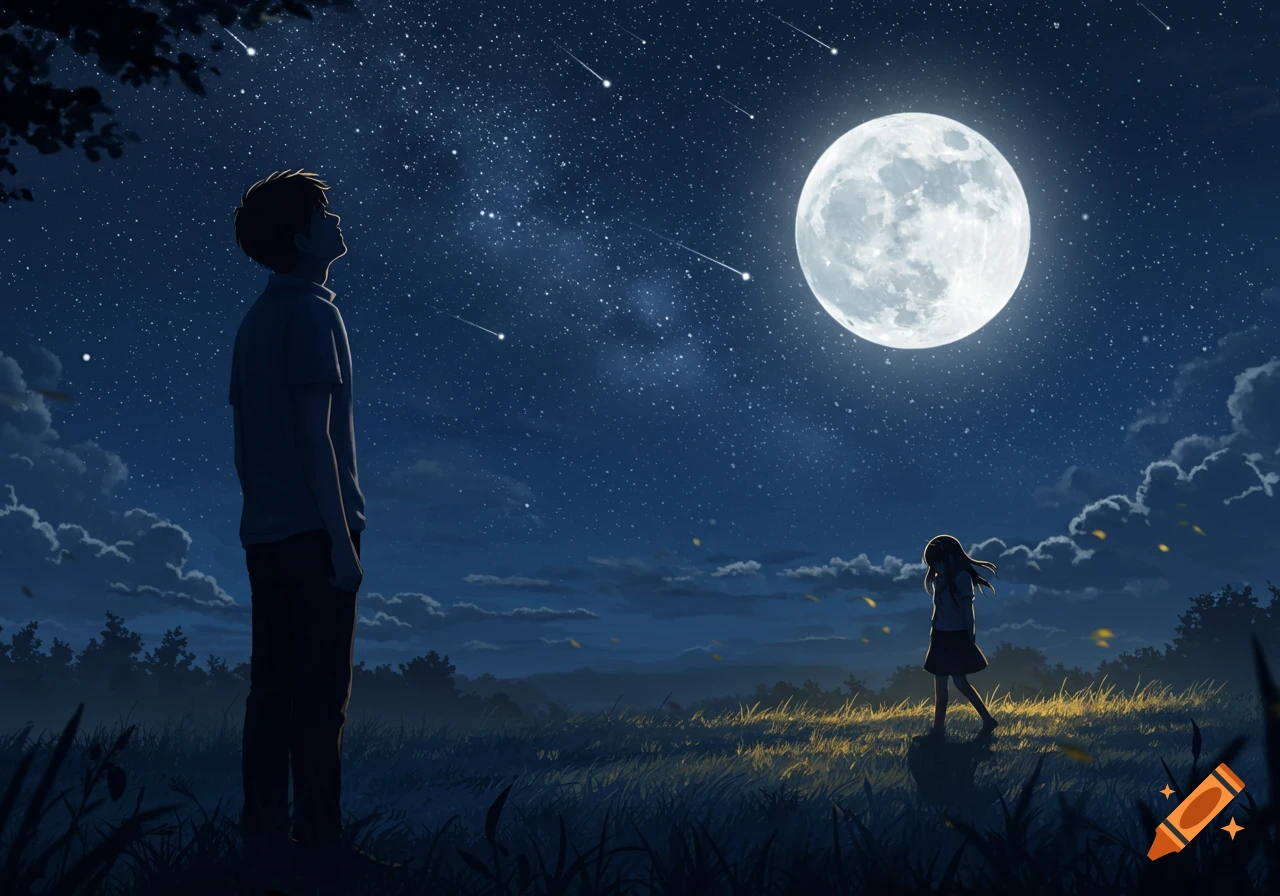 An anime-style image of a man and a girl silhouetted against a starry night sky with a large full moon.
