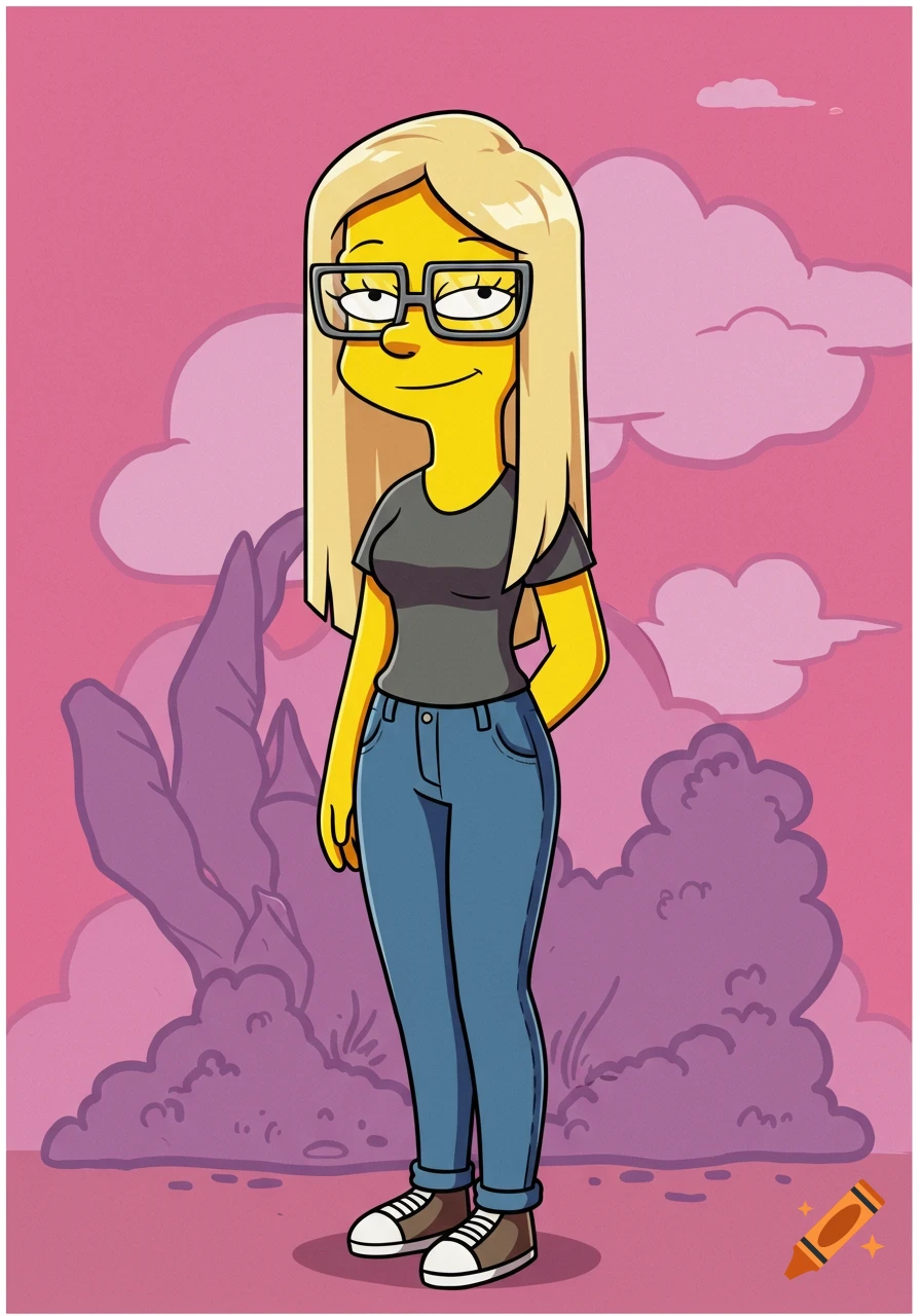 A yellow-skinned female cartoon character in The Simpsons style, with long blonde hair, glasses, gray t-shirt, blue jeans, and sneakers, smiles.