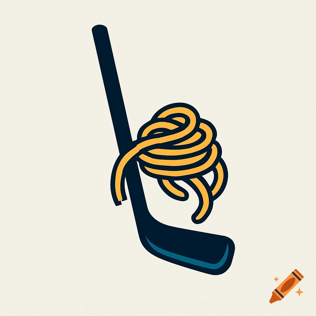 Minimalist logo of a dark hockey stick with yellow pasta noodles wrapped around its blade on a light beige background.