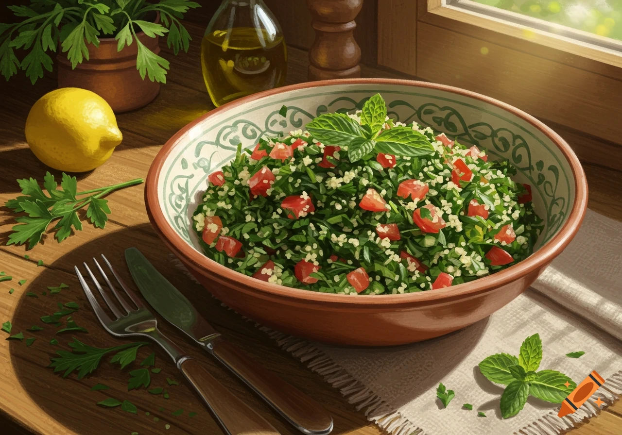 A vibrant bowl of tabbouleh salad with fresh parsley, tomatoes, and mint, accompanied by lemon, olive oil, and cutlery on a wooden table near a sunlit window.