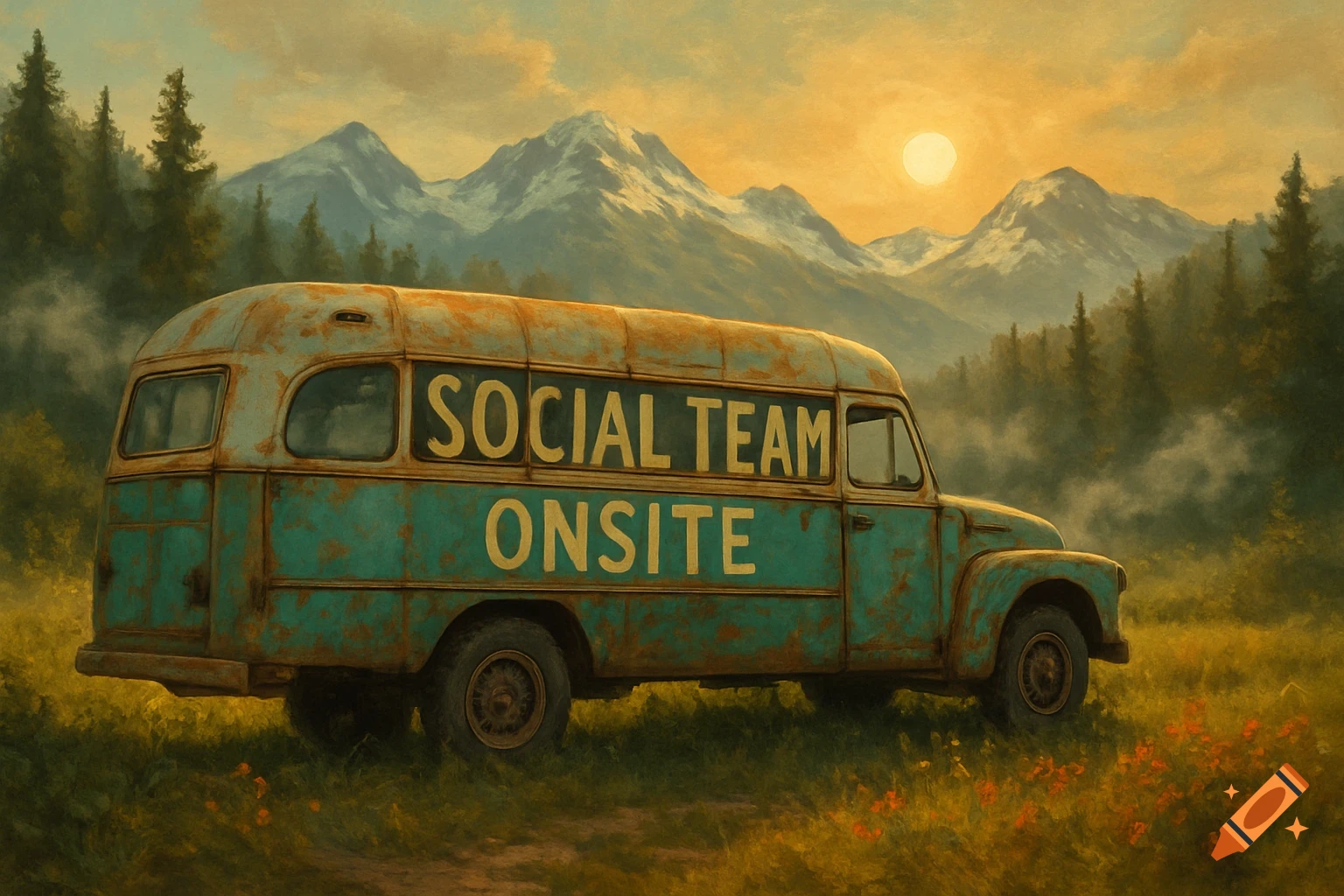 A rusty teal van with "SOCIAL TEAM ONSITE" painted on its side, parked in a grassy mountain landscape at sunset, in a painterly style.