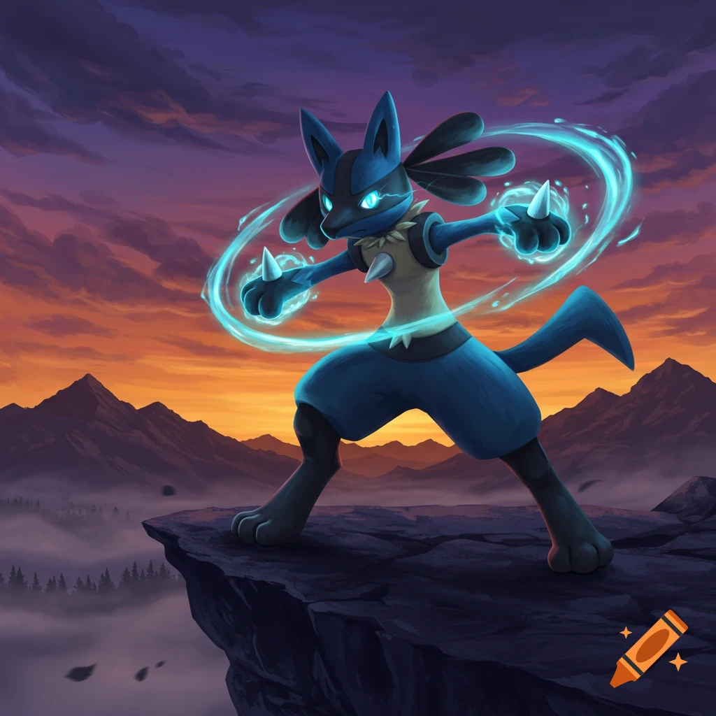 Lucario, a blue Pokemon, stands on a cliff with glowing blue energy, silhouetted against an orange and purple sunset.