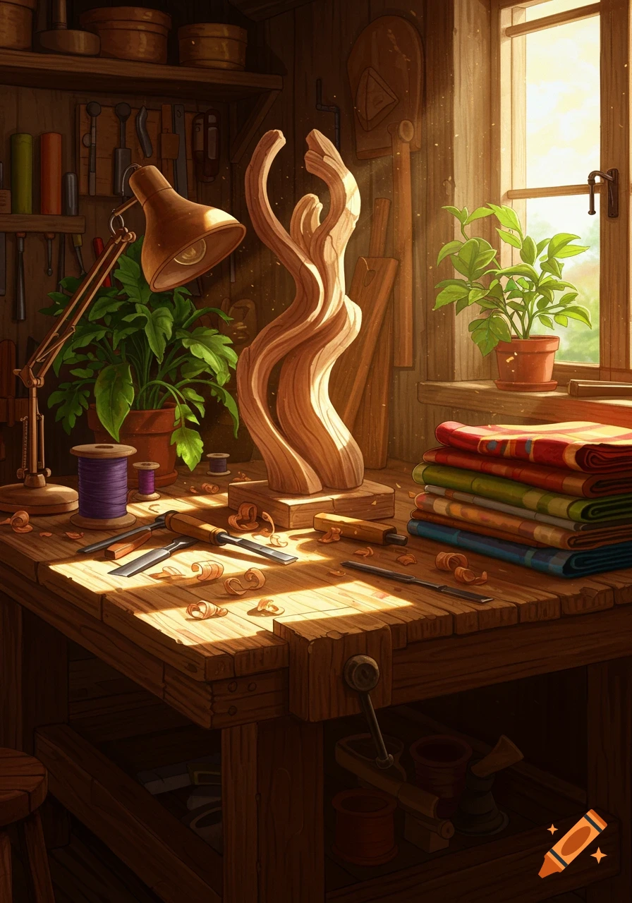 A sunlit woodworking workshop with a workbench, a carved wooden sculpture, tools, wood shavings, and potted plants.