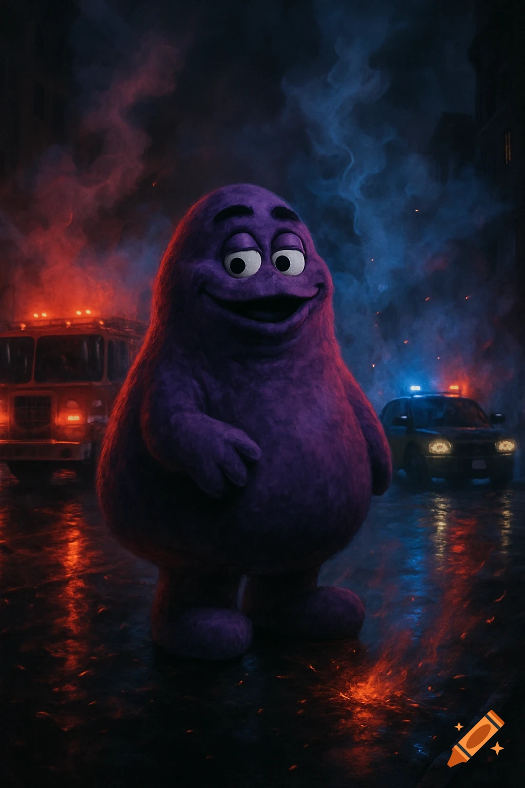 Photorealistic Grimace stands on a wet street at night, with a fire truck and police car glowing in a smoky, dark background.