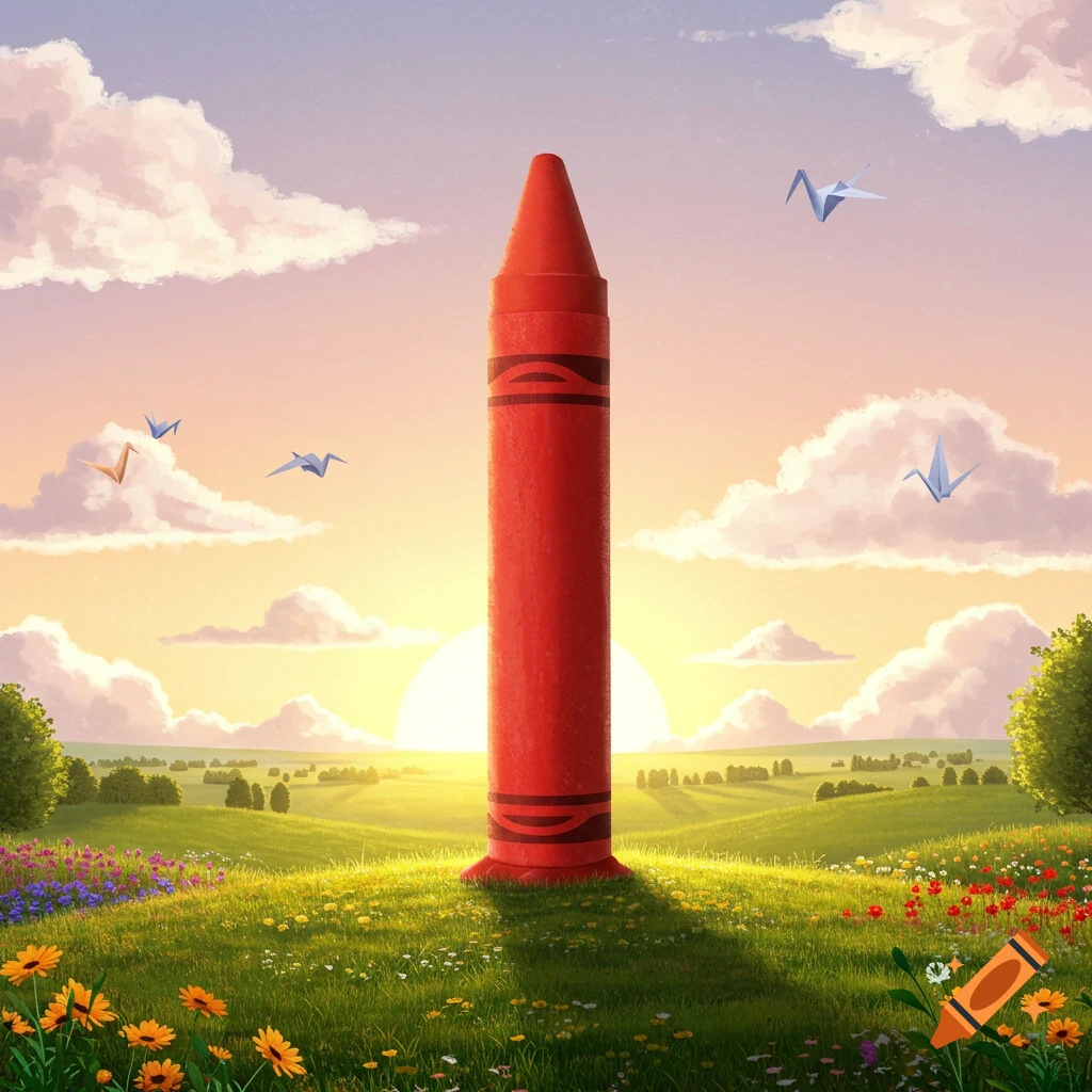 A giant red crayon stands upright in a vibrant, flower-filled green field with a bright sunset and origami birds flying in the sky. Illustrated.