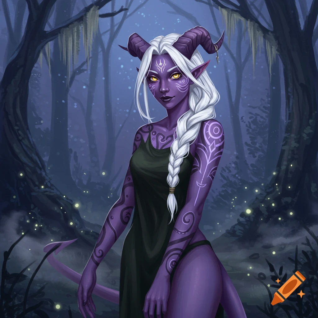 A Tiefling girl with lavender skin, a long white braid, dark tattoos, and yellow eyes stands in a dark, misty fantasy forest.
