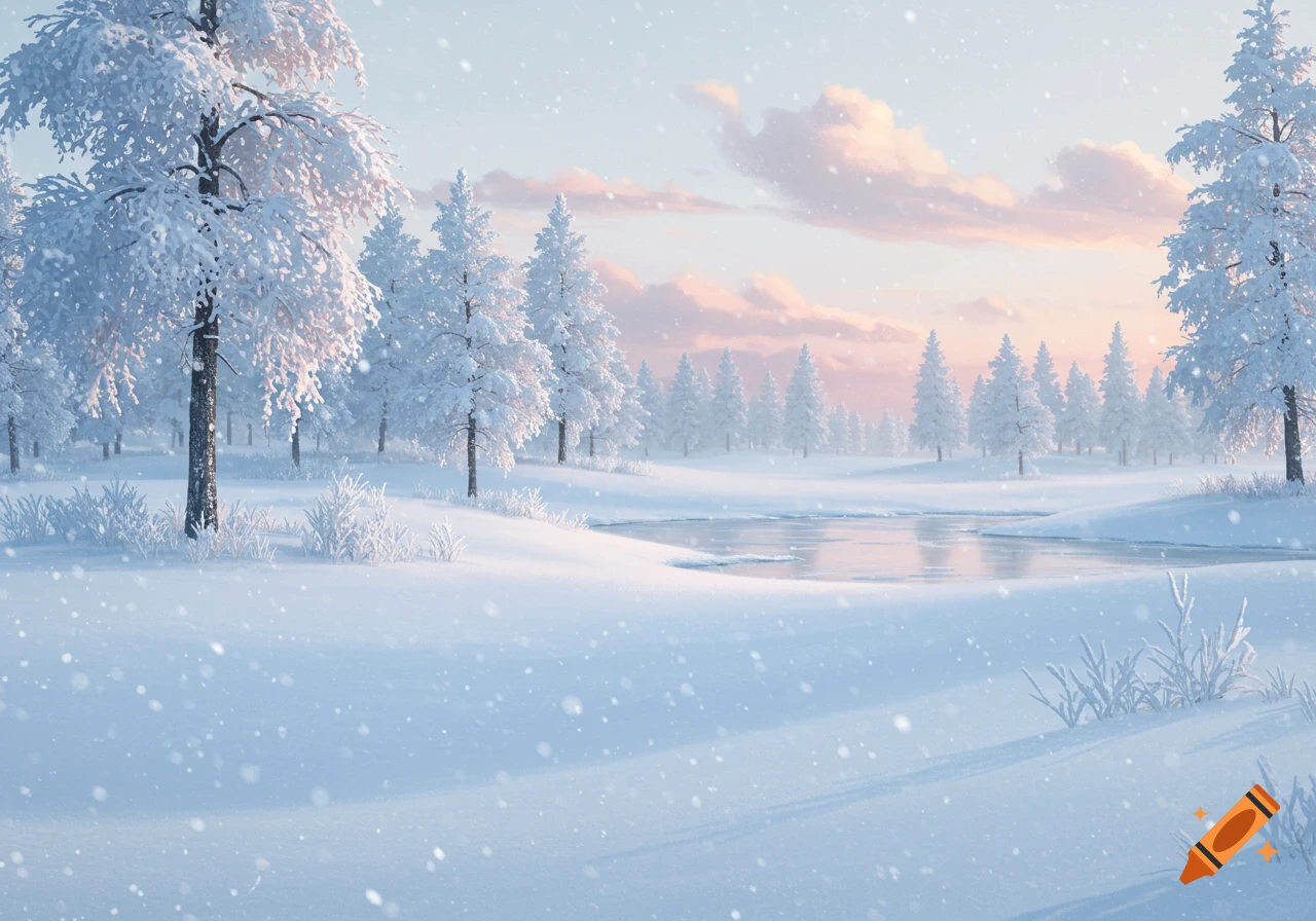 A serene winter landscape with snow-covered trees, a frozen pond, and gently falling snow under a soft, pastel sky.