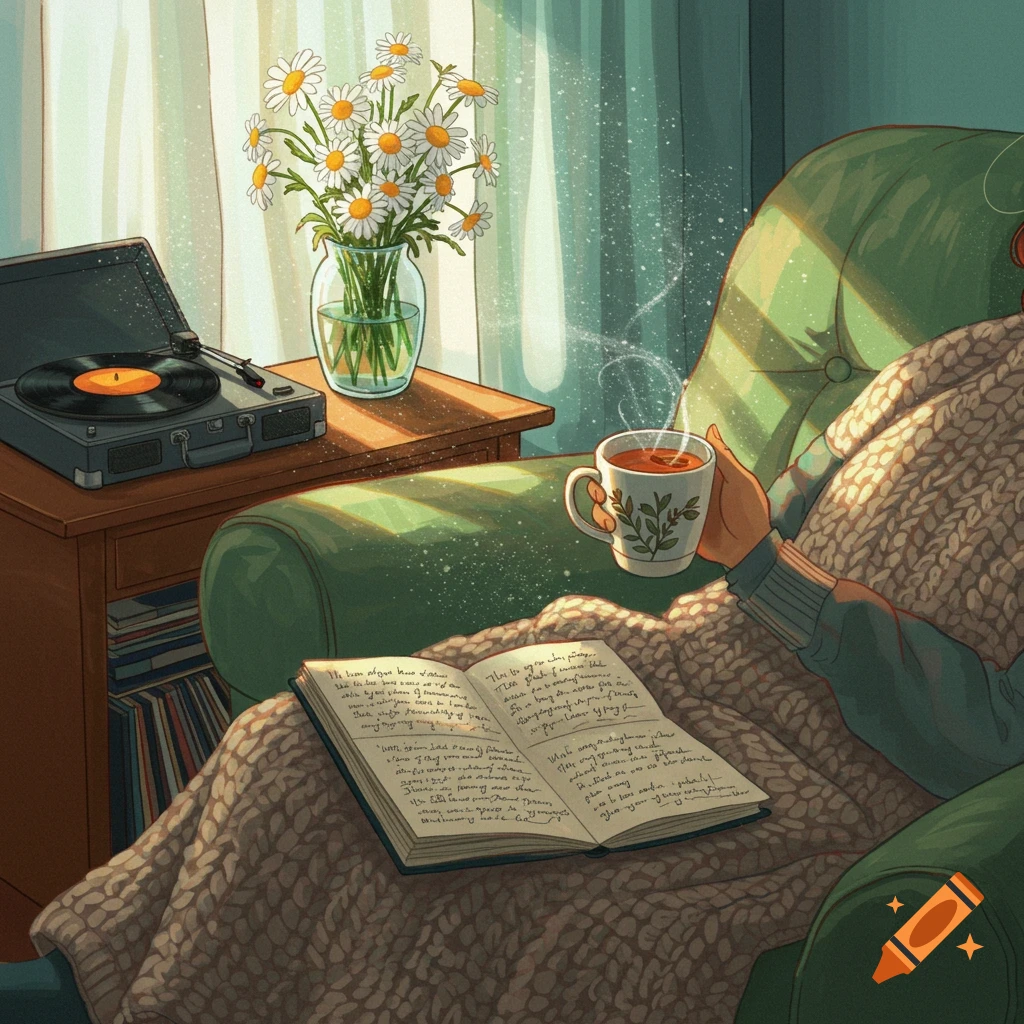 An illustration of a person relaxing under a blanket with a book and tea, next to a record player and daisies.