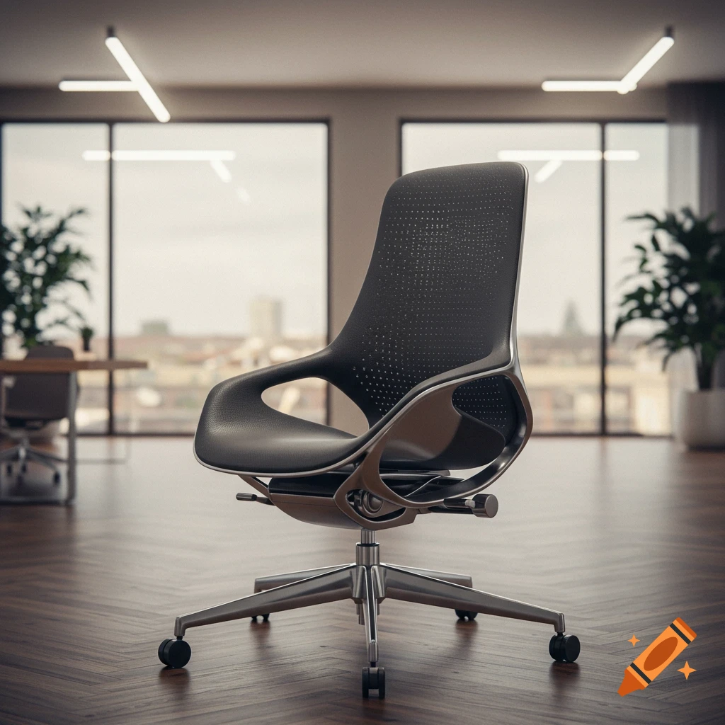 A photorealistic image of a sleek, modern ergonomic office chair in a bright, contemporary office with large windows.