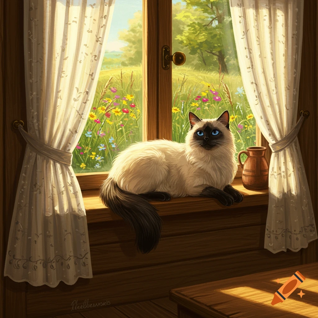 A ragdoll cat with blue eyes lies on a wooden windowsill, looking out at a sunlit field of wildflowers with lace curtains.
