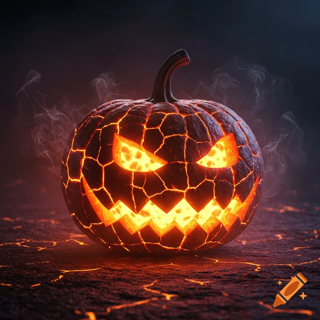 A glowing, lava-cracked Halloween pumpkin with a menacing carved face on a dark, textured surface, emitting smoke.
