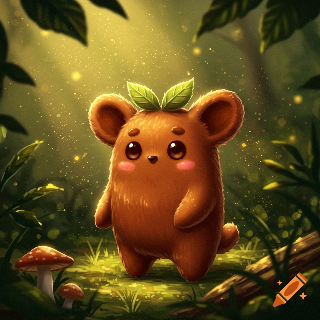 A cute, brown, fluffy creature with big eyes and green leaves on its head stands in a magical, glowing forest with mushrooms. Cartoon style.
