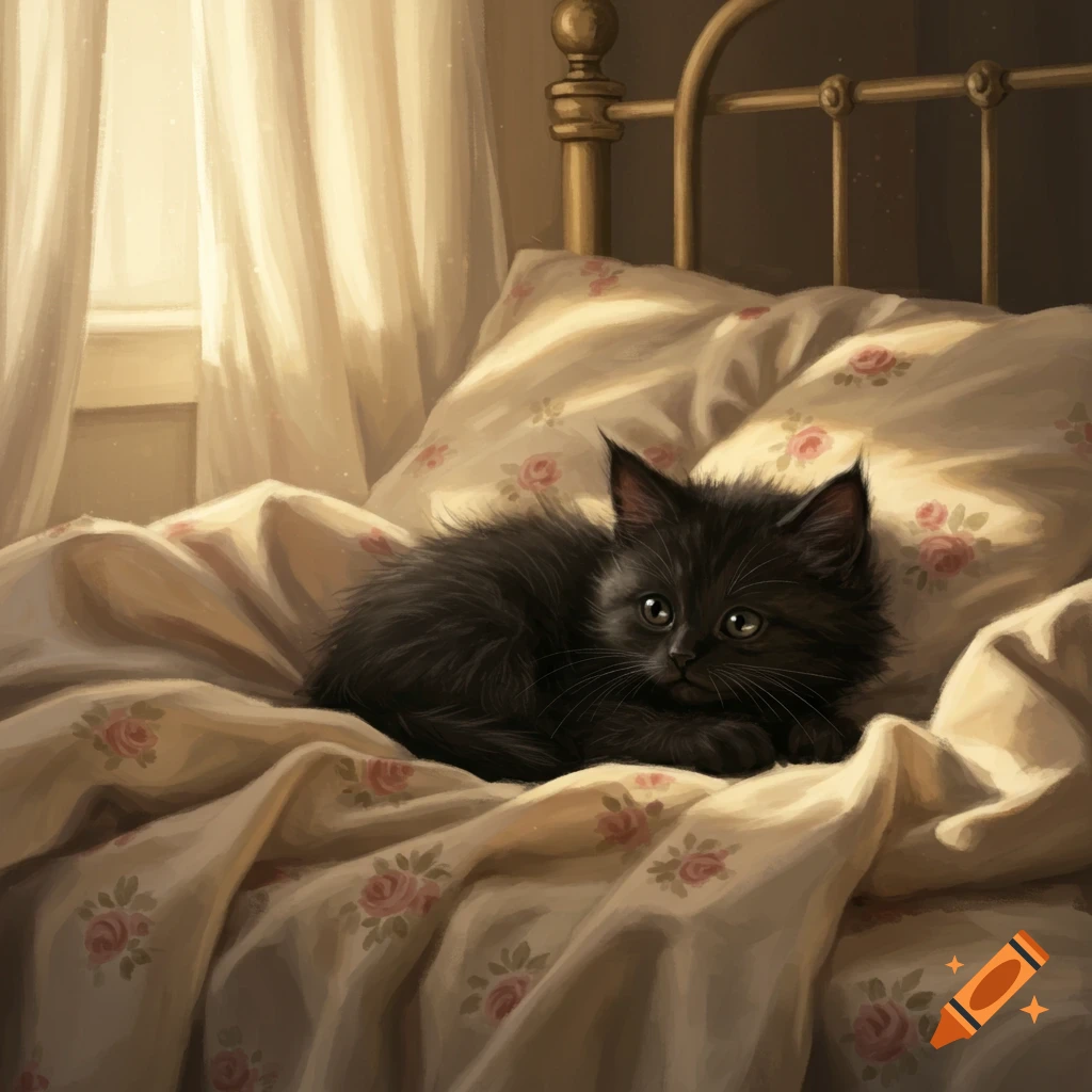 A fluffy black kitten lies cozily on a floral patterned bed with pillows, bathed in soft light from a window.