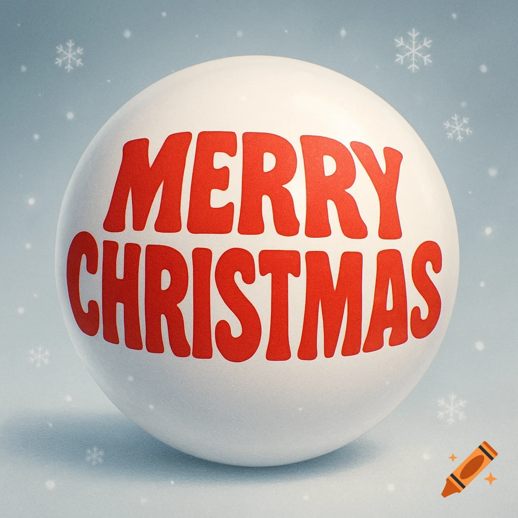 A white sphere with bold red 'MERRY CHRISTMAS' text, set against a light blue background with falling snowflakes.