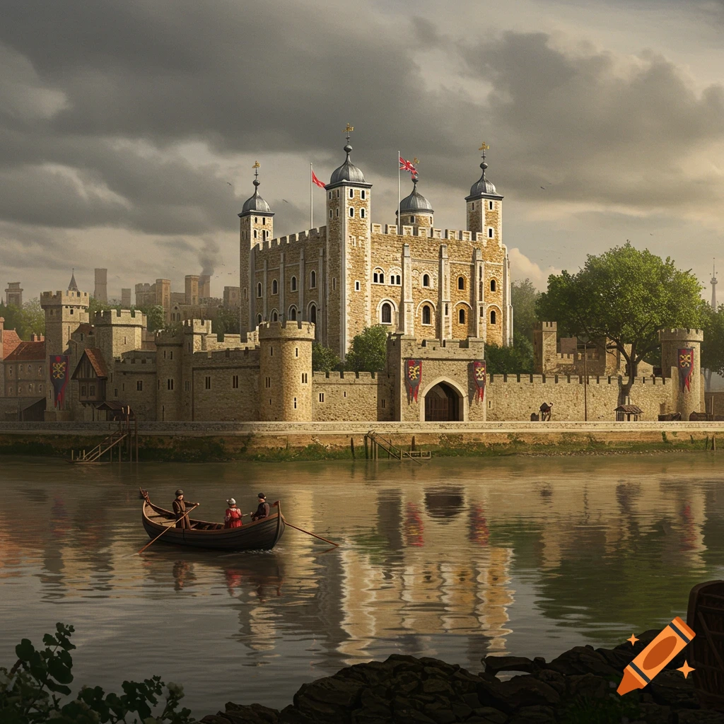 Photorealistic depiction of the Tower of London, a stone castle, alongside a river with a rowboat, under a cloudy sky.