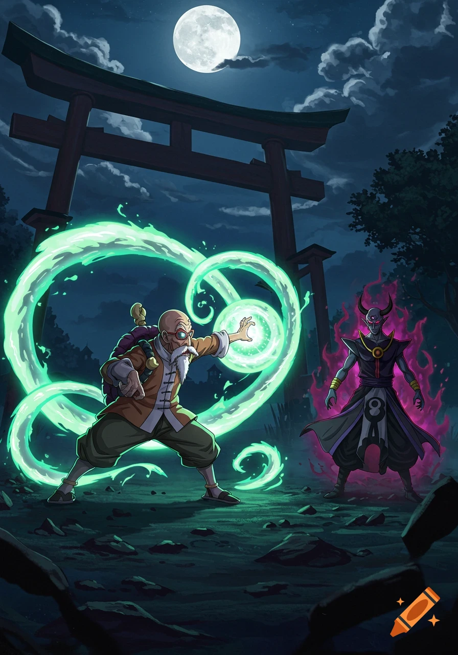 Anime battle: Master Roshi casts a green energy wave at a demonic figure with purple flames, under a full moon and torii gate.
