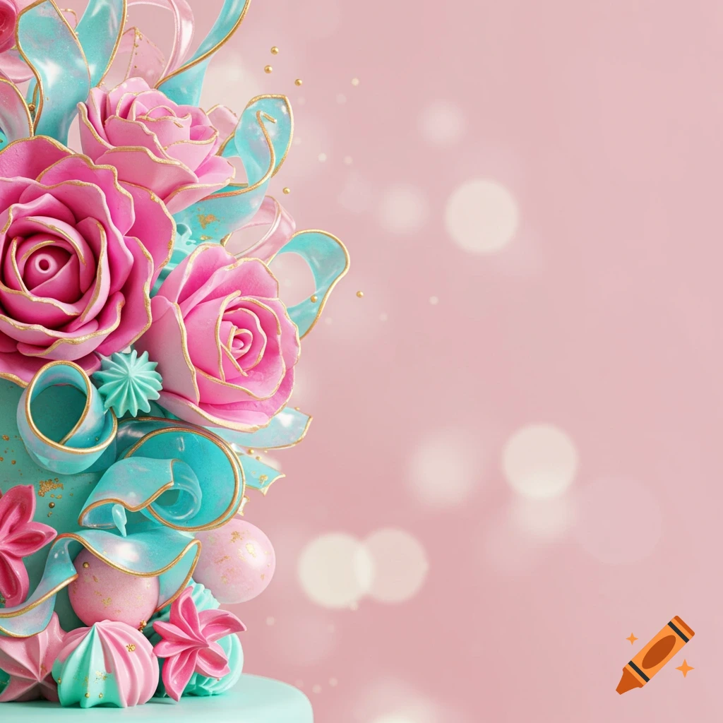 Close-up of vibrant pink roses and teal ribbons with gold trim decorating a cake, against a soft pink bokeh background.