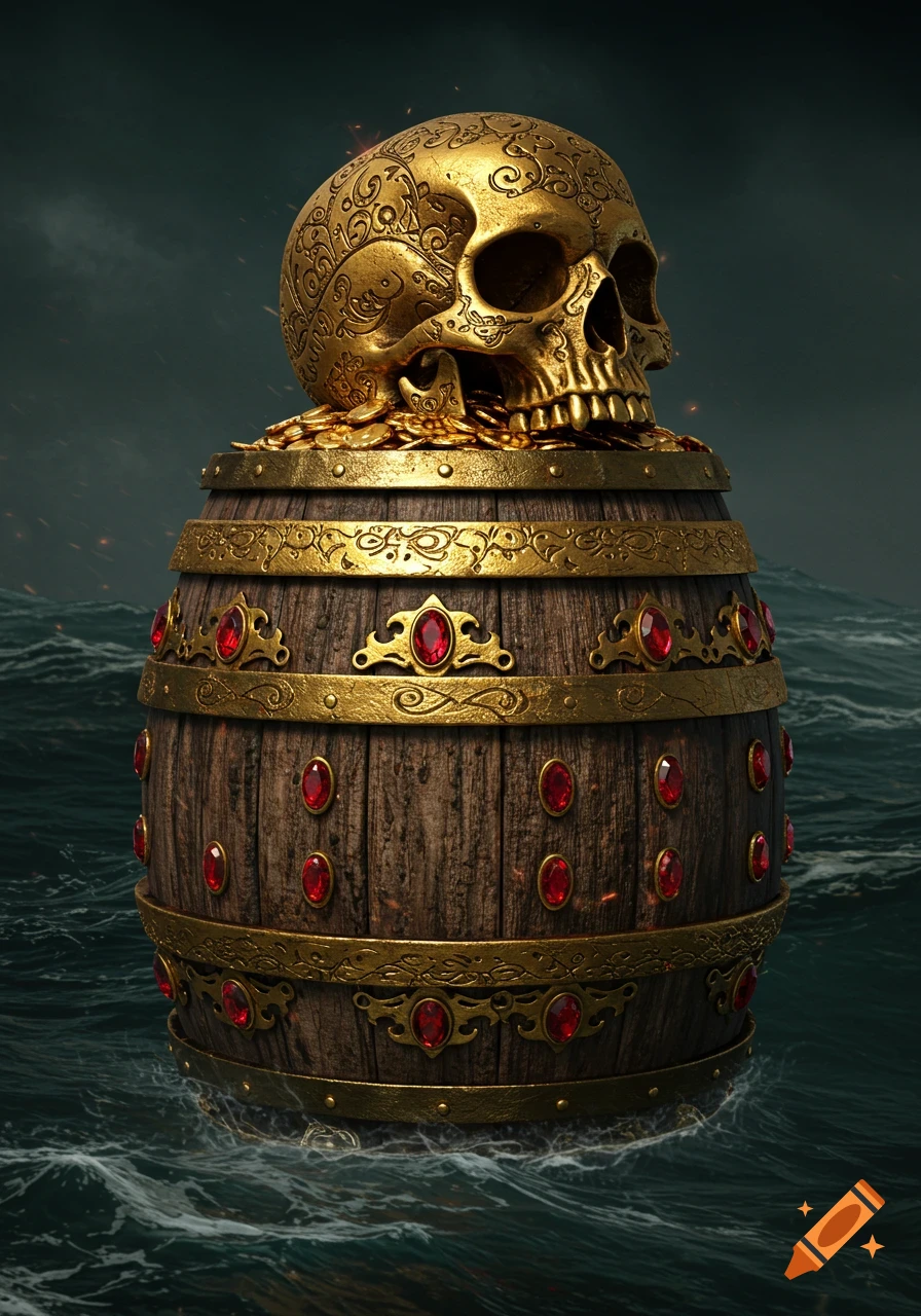 A golden ornate skull rests atop a wooden pirate barrel decorated with rubies, floating in stormy seas.