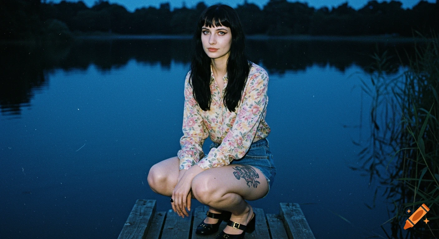 A woman with bangs and tattoos squats on a dock by a dark lake, wearing a floral shirt and denim shorts, in an early 2000s style photo.
