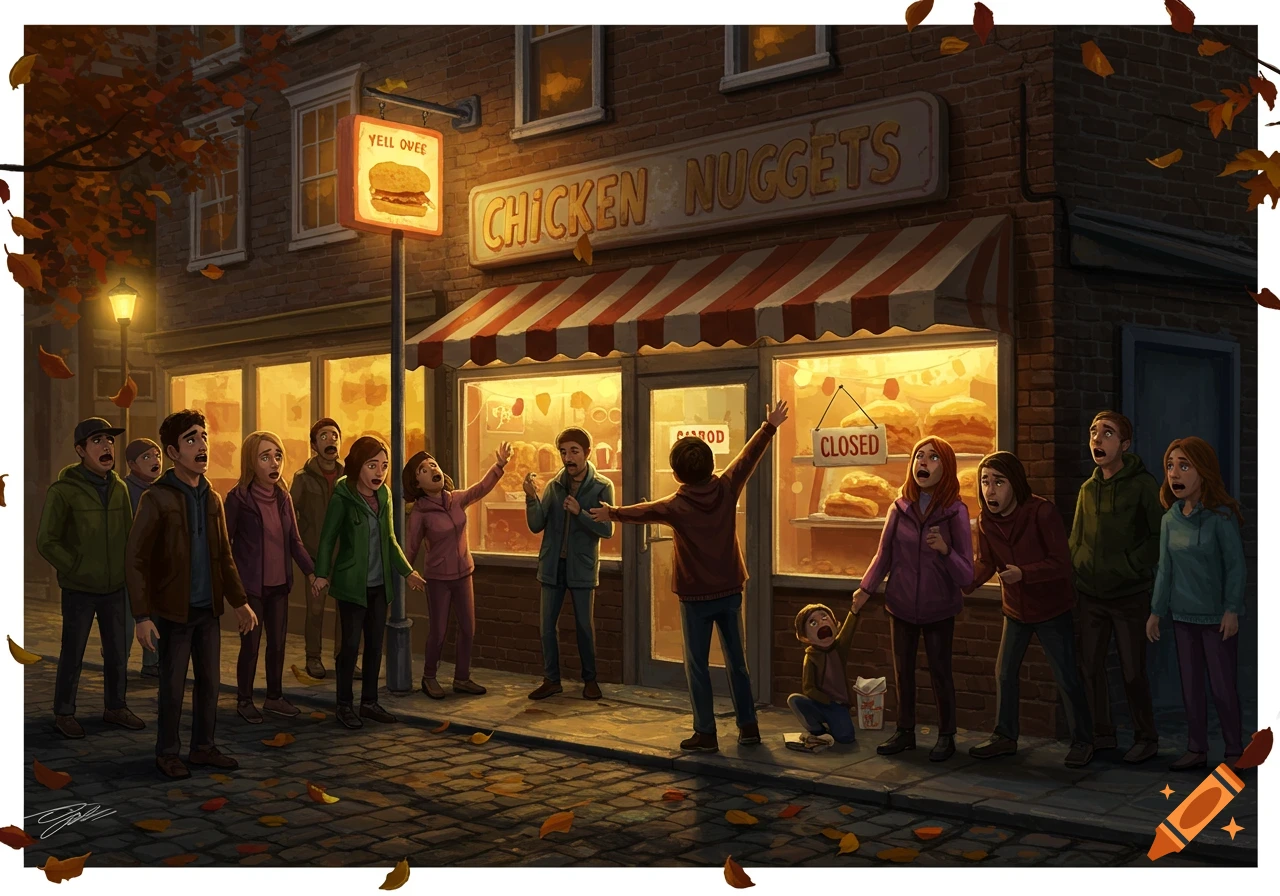 Illustrated scene of people looking distressed and begging outside a closed 'Chicken Nuggets' shop at night, with autumn leaves.
