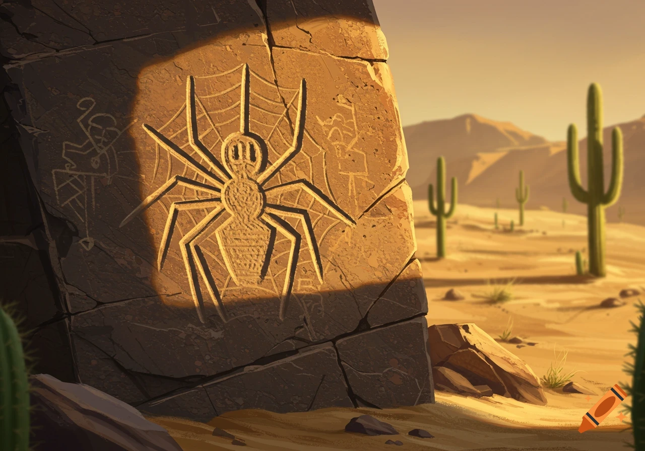 A stylized spider petroglyph carved into a large rock in a sunlit desert landscape with cacti.