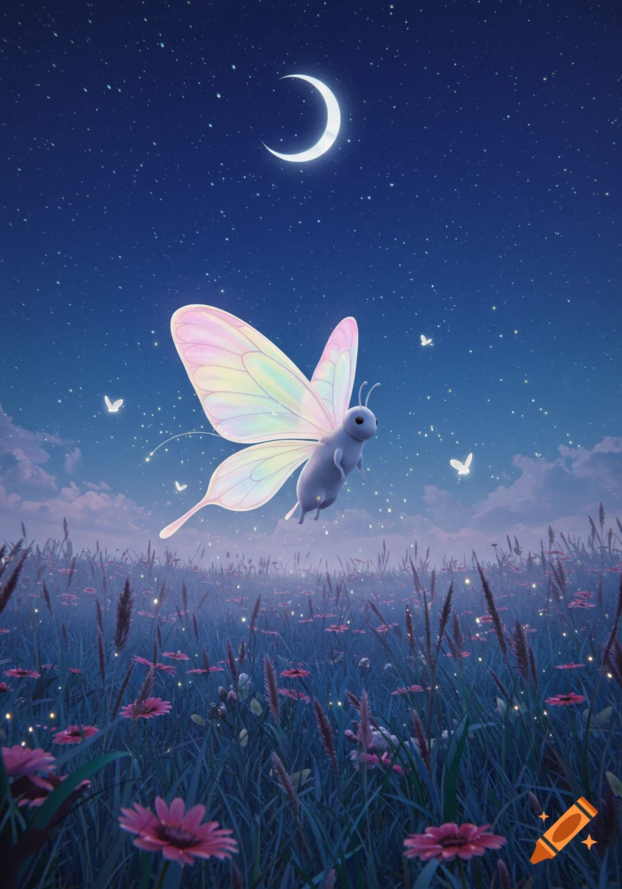 A glowing, cartoonish butterfly with iridescent wings flies over a field of pink flowers under a crescent moon and starry night sky.