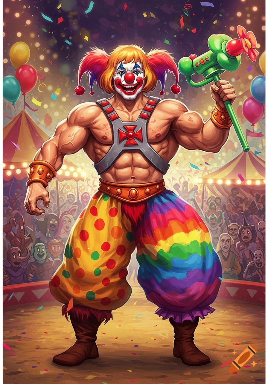 A muscular man with He-Man's harness and a clown's face and rainbow-colored pants stands in a festive circus tent.