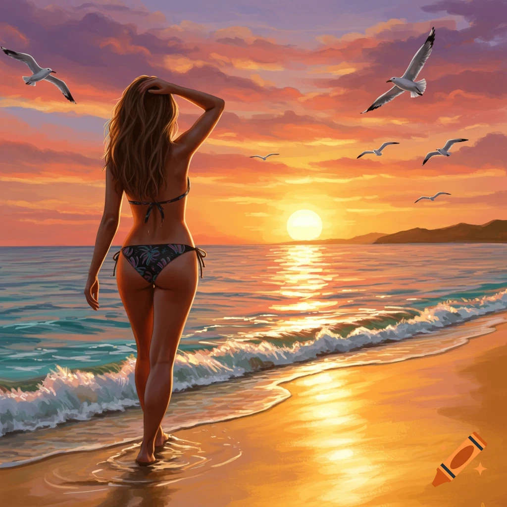 Illustrated woman in a bikini walking on a beach at a vibrant sunset.