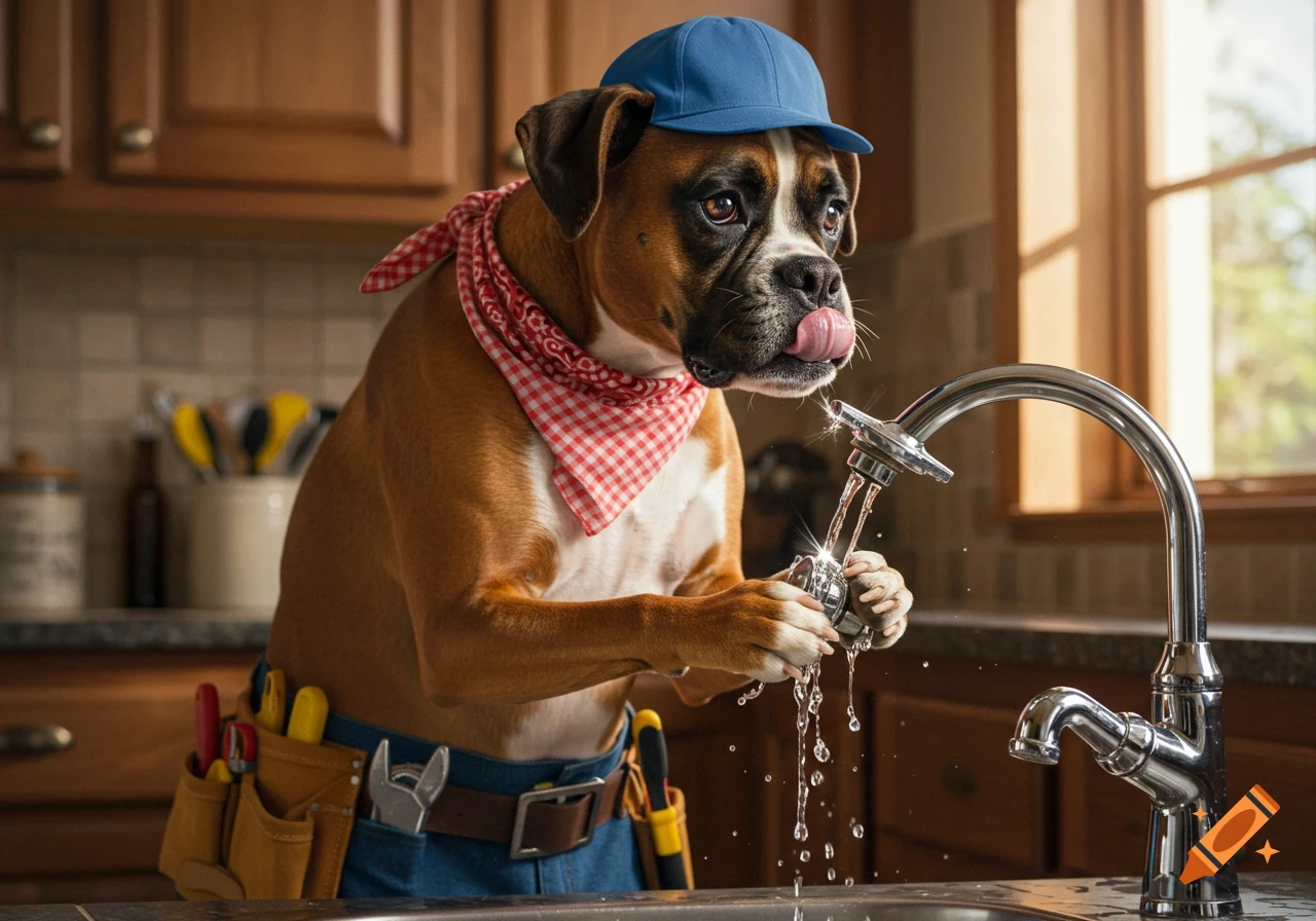 A photorealistic image of a boxer dog dressed as a plumber, wearing a blue cap and a bandana, fixing a leaky kitchen faucet with its paws.