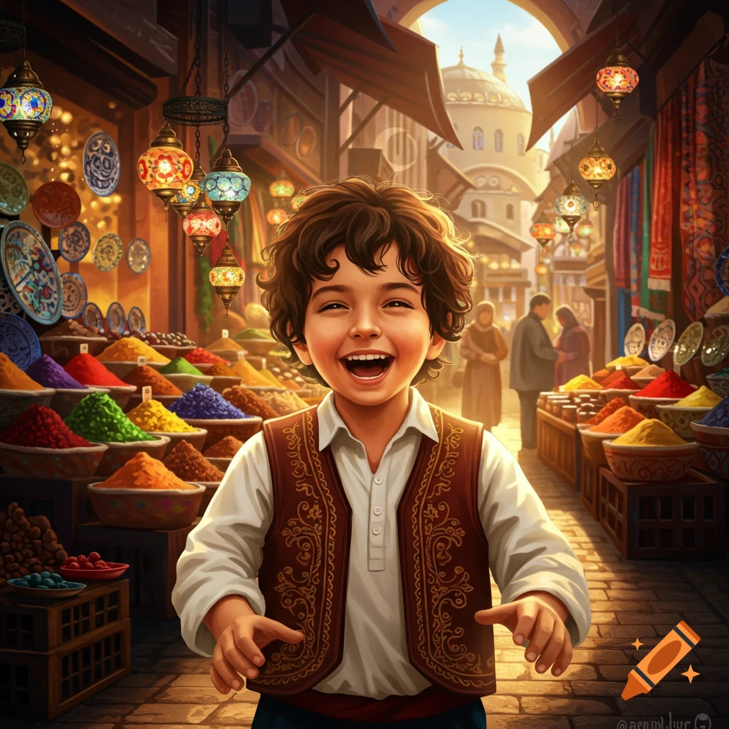A cheerful boy with curly hair laughs in a vibrant, illustrated spice market with hanging lanterns.