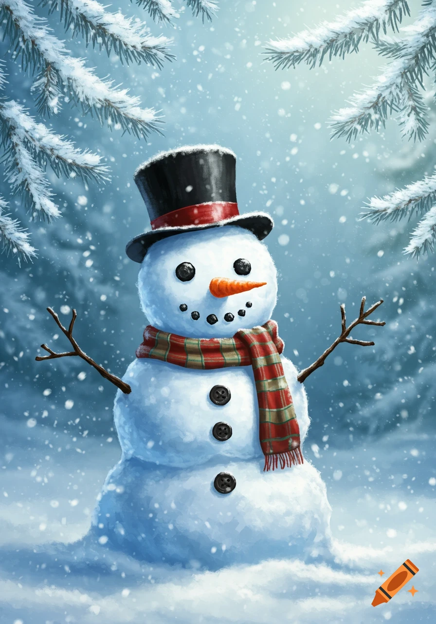 An illustration of a cheerful snowman wearing a top hat and a striped scarf, standing in a snowy forest with falling snow.